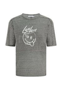 Graues T-Shirt mit kurzen Ärmeln, Rundhalsausschnitt, kontrastierenden Nähten und einem Frontgrafik eines Smiley-Gesichts mit dem Wort "Lawless" in Weiß.