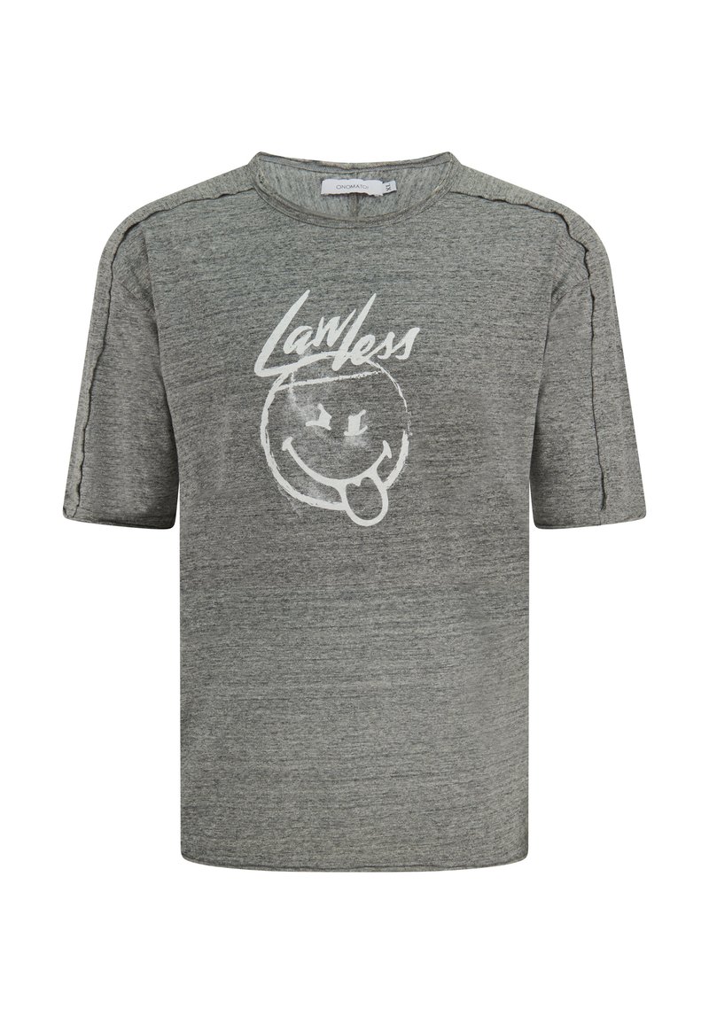 Graues T-Shirt mit kurzen Ärmeln, Rundhalsausschnitt, kontrastierenden Nähten und einem Frontgrafik eines Smiley-Gesichts mit dem Wort "Lawless" in Weiß.