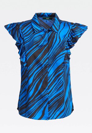 Blue and black zebra-striped women's sleeveless blouse with ruffled shoulders and a pointed collar, branded Guess.