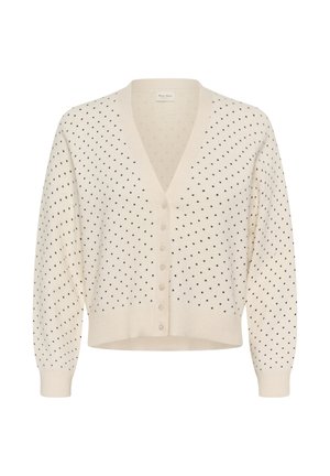 Cardigan de culoare crem cu buline negre, cu decolteu în V, mâneci lungi și închidere cu nasturi în față.