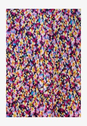 Dicht gefalteter mehrfarbiger Stoff mit kleinen abstrakten Blumenmustern in Pink, Gelb, Blau, Schwarz und Weiß.