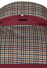 Kragen eines Hemdes mit braunem, blauem und rotem Karomuster, burgunderfarbener Stoff innen, schwarzem "HECHTER"-Logo und angenähtem rot-weiß-schwarzem Etikett.