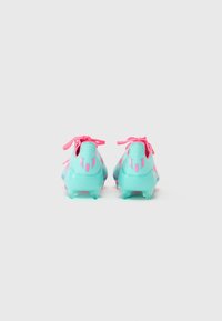 Turquoise soccer cleats with neon pink accents, featuring a textured upper, lace closure, and molded studs for traction.