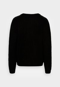 Zwarte gebreide trui met een ronde hals en lange mouwen. De achterkant toont een gestructureerde afwerking en een geribde zoom.