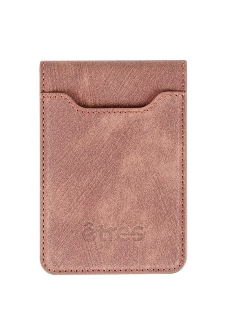 Brown leather card holder with a smooth texture, featuring a slot opening at the top and embossed "êtres" logo on the front.