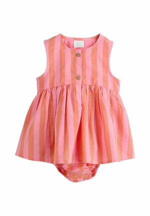 Ärmelloses Baby-Kleid mit orange-rosa vertikalen Streifen, zwei Knöpfen vorne und angehängtem Unterteil mit Druckknöpfen.