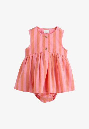 Ärmelloses Baby-Kleid mit orange-rosa vertikalen Streifen, zwei Knöpfen vorne und angehängtem Unterteil mit Druckknöpfen.
