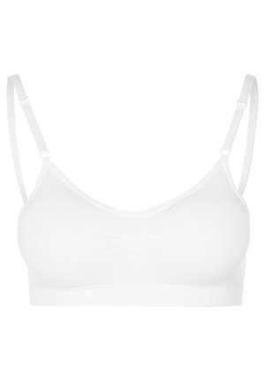 Bela, brezšivna bralette iz mehkega, raztegljivega materiala. Ima nastavljive naramnice in rahlo gubanje na sredini za obliko.