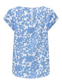 Blouse à manches courtes avec motif floral abstrait blanc et bleu clair et fermeture éclair courte au dos.