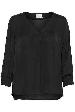 Schwarze, locker sitzende Bluse mit V-Ausschnitt, Drei-Viertel-Ärmeln und gerafften Bündchen. Hergestellt aus glattem Stoff mit einem leichten Glanz.