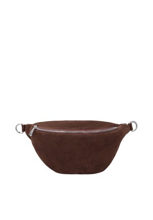 Brown suede fanny pack with silver zipper and metal rings on each end for attaching the adjustable strap, shown against a white background.