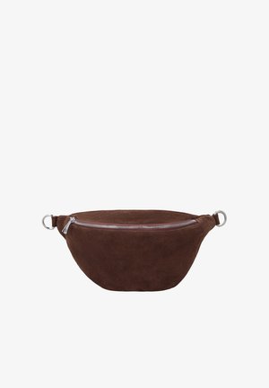 Brown suede fanny pack with silver zipper and metal rings on each end for attaching the adjustable strap, shown against a white background.