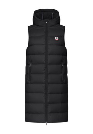 Chaleco acolchado sin mangas de color negro con capucha, que cuenta con un cierre frontal, bolsillos laterales y un parche circular con un logo en el pecho.
