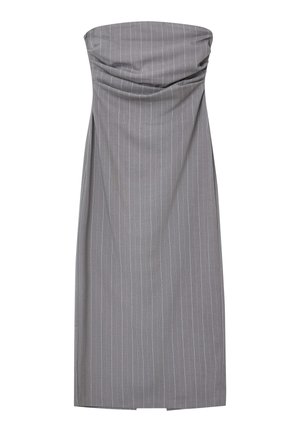 Abito grigio senza spalline con righe verticali, texture liscia e corpino drappeggiato. Il suo design corto al ginocchio presenta un taglio dritto all'orlo.