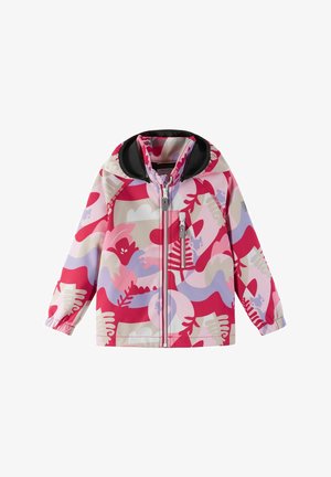 Veste à motifs roses et violets avec capuche, présentant des formes abstraites, une fermeture éclair à l'avant et des poignets élastiques. Matériau résistant à la pluie.