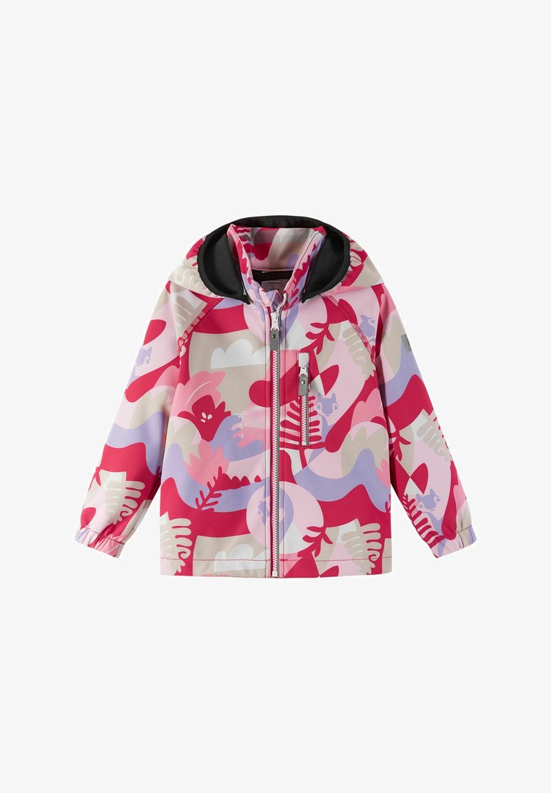 Veste à motifs roses et violets avec capuche, présentant des formes abstraites, une fermeture éclair à l'avant et des poignets élastiques. Matériau résistant à la pluie.