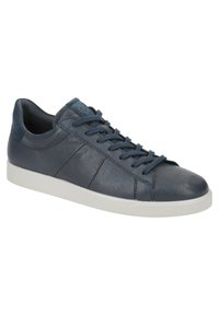 Sneaker in pelle blu navy con finitura liscia, design con lacci, suola in gomma di colore chiaro e dettagli cuciti sottili sui lati.