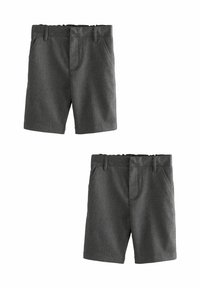 Harmaat shorts, jotka on valmistettu tekstuurista kankaasta, sisältävät litteän etuosan, vyölenkit ja kaksi sivutaskua. Ne ovat muotoonommellut ja klassisen tyyliset.