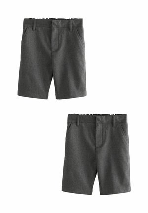 Pantaloni corti grigi realizzati in un tessuto testurizzato, presentano una parte anteriore piatta, passanti per la cintura e due tasche laterali. Hanno una vestibilità sartoriale e un design classico.