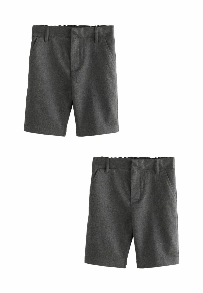 Harmaat shorts, jotka on valmistettu tekstuurista kankaasta, sisältävät litteän etuosan, vyölenkit ja kaksi sivutaskua. Ne ovat muotoonommellut ja klassisen tyyliset.