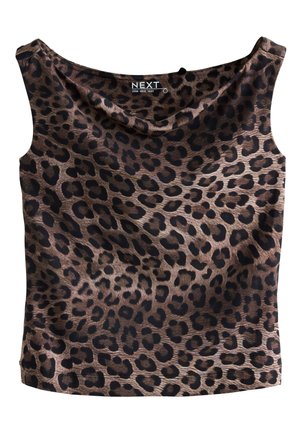 Ärmellose Weste mit offenem Ausschnitt und braun-schwarzem Leopardenmuster von der Marke NEXT.