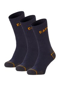 Chaussettes bleu marine avec texture côtelée, ornées de lettrage orange. L'orteil et le talon présentent un accent gris contrastant. Trois paires exposées.