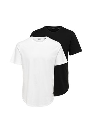 Plain short-sleeve crew neck T-shirts in white and black, shown front and back on a white background.
