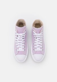 Lilac high-top sneakers with white laces, canvas upper, and rubber toe cap. Features beige accents on the tongue and inner lining.