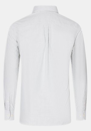 White and light gray striped long-sleeve shirt with a classic collar, button cuffs, and a central back yoke. Smooth texture.