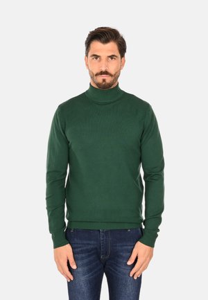 Maglione verde a collo alto lavorato a maglia in morbido tessuto, con polsini e orlo a costine, abbinato a jeans blu scuro in una posa in piedi.