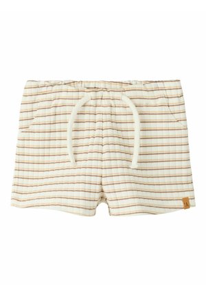 Pantaloncini per bambini color crema con strisce orizzontali e verticali marroni e beige, vita elastica con coulisse e tasche frontali.