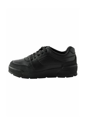 Black athletic shoe featuring a smooth leather upper, padded collar, lace-up design, perforated accents, and a textured rubber sole.