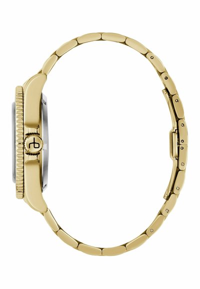Montre-bracelet en métal ton or avec bracelet à maillons, lunette cannelée et couronne ornée d'un logo distinct, vue de profil latéral.