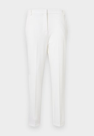 Hvite skreddersydde bukser med smal passform, med en glatt tekstur, flat front og beltestropper. Ingen synlige lommer eller fremtredende metallgjenstander.