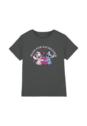 Dark gray cotton t-shirt featuring a graphic of two cartoon characters holding a pink heart, with the text "MADE FOR EACHOTHER" above.