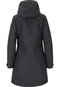 Sort vandtæt parka med hætte, der har en trukket talje, lange ærmer og knaplukket manchetter. Glat tekstur, minimalistisk design.