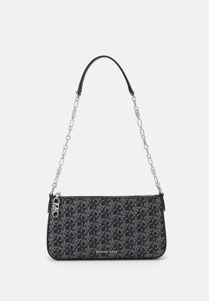 Sac à main rectangulaire noir Michael Kors avec motif logo gris, chaîne argentée et fermeture éclair.