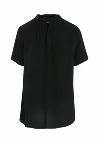 Blouse noire à manches courtes avec un col haut froncé et une petite fermeture à bouton au centre devant.