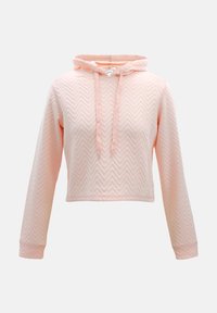 Crop top à capuche rose clair avec un motif chevron texturé, manches longues et cordons au niveau du cou. Tissu doux avec une coupe décontractée.