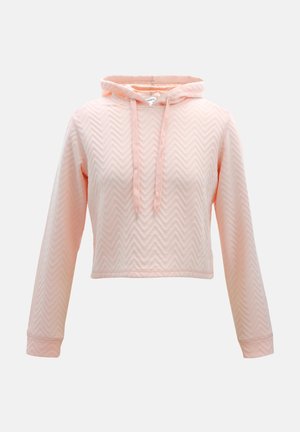 Hoodie w krótkim kroju w jasnoróżowym kolorze z teksturowanym wzorem w zygzak, długie rękawy i sznurki przy szyi. Miękka tkanina o luźnym kroju.