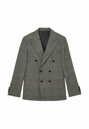 Szary dwurzędowy blezer w kratę z czarnymi guzikami, klapami szczytowymi i gładkim czarnym podszewką. Charakteryzuje się wzorem w kratę z pomarańczowymi akcentami.