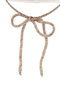 Knotted beige and white braided rope tied in a bow with two loose ends against a white background.