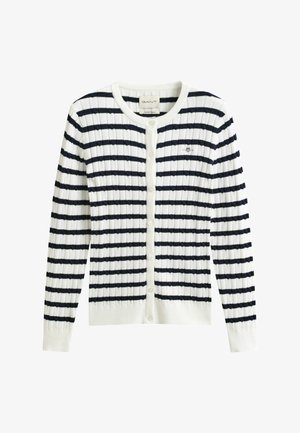 Weißer, gerippter Cardigan mit navyblauen horizontalen Streifen, Rundhalsausschnitt, Knopfleiste vorne und kleinem, gesticktem Logo auf der Brust.