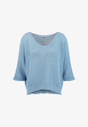 Suéter azul claro de punto suelto con mangas tres cuartos, cuello en V y dobladillo acanalado, mostrado sobre fondo blanco.