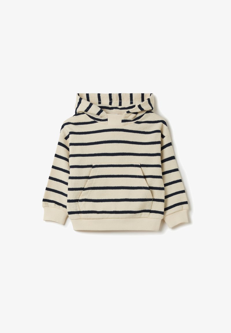 Sweat à rayures crème et marine, avec une poche avant, une capuche à cordon de serrage et des poignets côtelés. Tissu doux avec une texture légère.