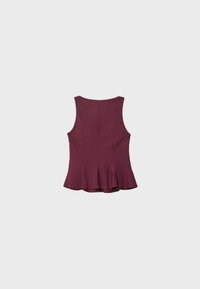 Top peplum prugna con scollatura a barchetta, design senza maniche e orlo svasato. Tessuto morbido con cuciture sartoriali.