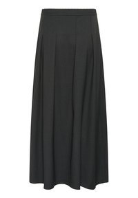 Jupe mi-longue noire taille haute avec de légères plis et une ceinture lisse, présentée sur un fond blanc.