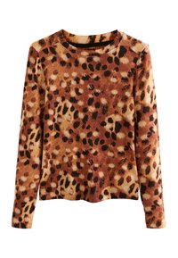 Langærmet top med brunt og beige leopardprint, ribbet struktur, rund halsudskæring og normal pasform.