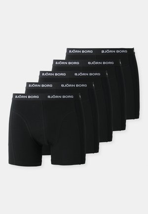 Seks par sorte bokser-shorts med elastisk talje, der har "BJÖRN BORG" logo. Glat stof, tætsiddende design, ingen synlige mønstre.