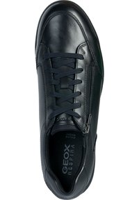 Baskets en cuir noir avec bout rond, design à lacets plats, fermeture éclair sur le côté et surface texturée. Comprend le logo Geox et une semelle intérieure rembourrée.